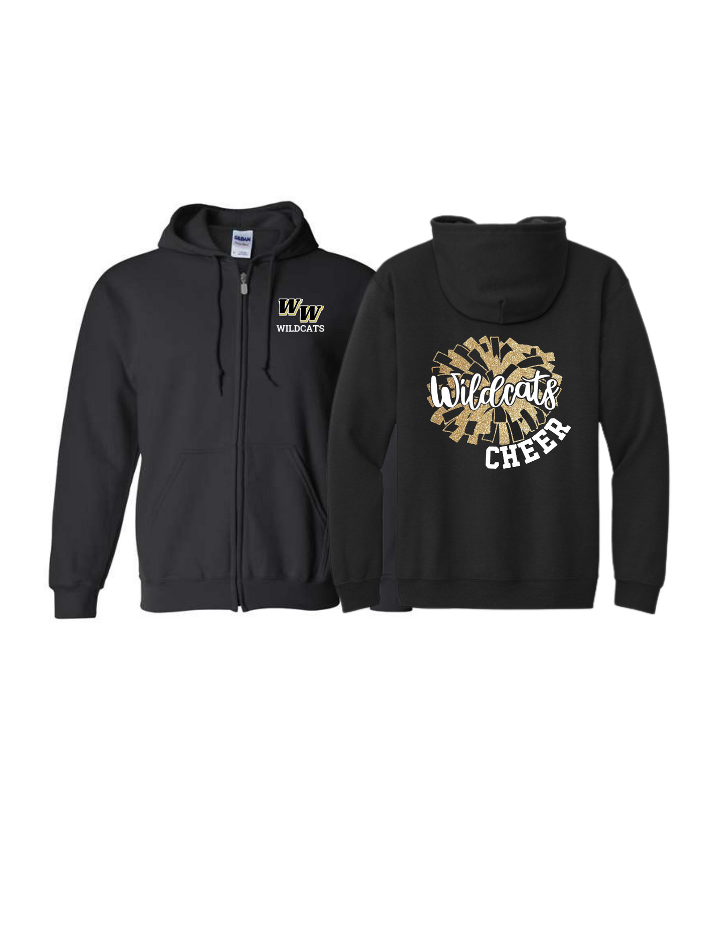 WWJR Wildcats Glitter Cheer Pom Gildan Heavy Blend Full Zip Hooded Sweatshirt Youth and Adult