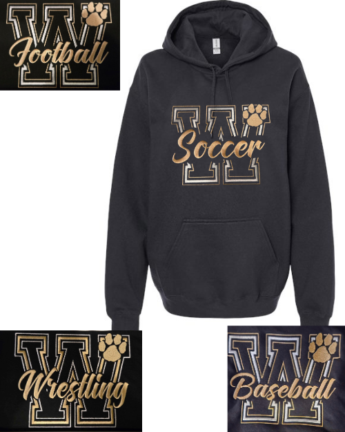 Embroidered Wildcat Black Hoodies Pick your sport! Gildan