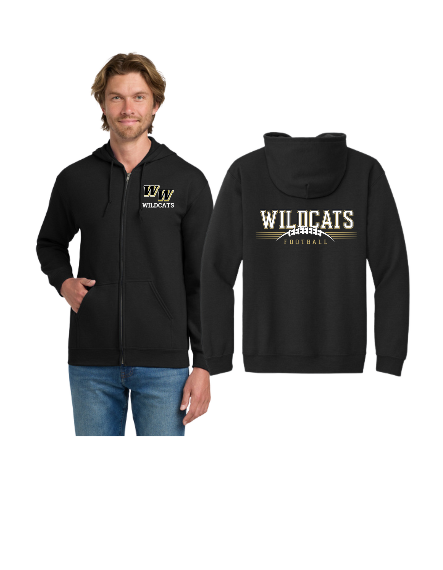 WWJR Wildcats Football Gildan Heavy Blend Full Zip Hooded Sweatshirt Youth and Adult