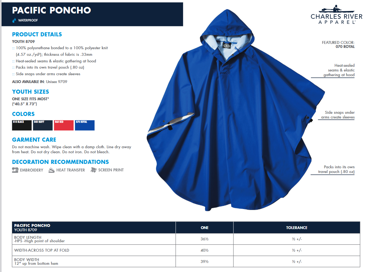 WWJR Wildcats Charles River Pacific Ponchos Youth or Adult with embroidery